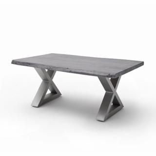 Table basse CLAREN plateau 110 en acacia laqué gris piétement X acier brossé