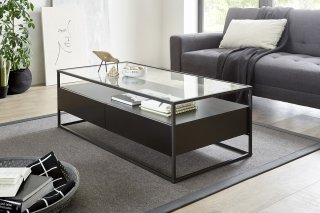 Table basse design 120 cm EDMONTON noir piètement métal noir 2 tiroirs