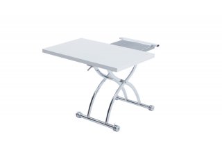 Table relevable extensible HIRONDELLE compacte laquée blanc brillant pied chromé argenté