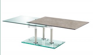 Table basse MATCH CERAMIQUE GREY 2 plateaux pivotants en verre piétement acier 