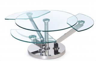 Table basse CARROUSEL à plateaux pivotants en verre piètement acier chromé