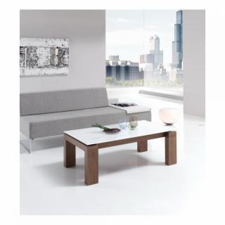 Table basse relevable 115 x 65 cm ARMONIA pieds noyer plateau verre blanc 