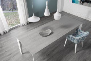 Table repas extensible GEO 8 couverts 140/210x90cm pieds blancs plateau céramique gris