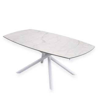 Table de repas extensible MIKADO plateau céramique marbre blanc collé sur verre trempé, piétement en métal blanc mat