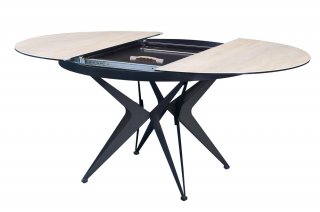 Table de repas ronde extensible RIVIERA plateau céramique beige piétement métal noir 