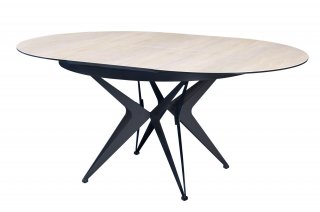 Table de repas ronde extensible RIVIERA plateau céramique beige piétement métal noir 