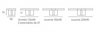 Table repas extensible TOTEM 8 couverts 135/229x90cm pied bois plateau verre blanc