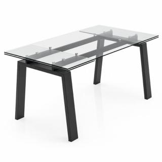 Table extensible 10 couverts ZEFFIRO 220 cm pieds métal noir plateau verre transparent